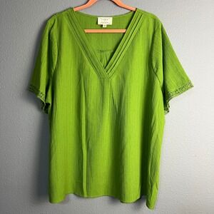 Flower & Feather Green Tunic Top Crochet Trim‎ V-Neck Short Sleeve Church 3XL